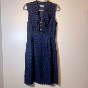 Shoshana Navy Blue Eyelet Ruffle Front Cotton Dress Size 8 Medium